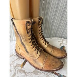 Bed Stu 9 Bonnie Cobbler Series Tan Leather Lace Up Zip Combat Boots Cap Toe
